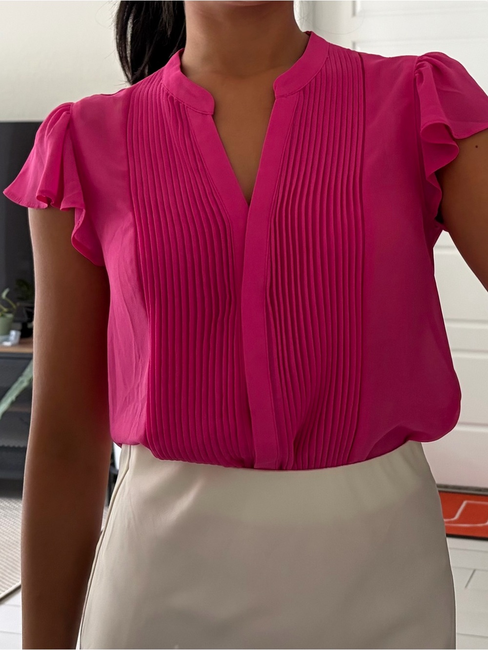 H&M Fuchsia Pleated Flutter Sleeve Blouse